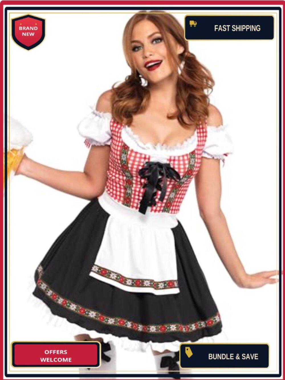 Oktoberfest Beer Garden Babe Peasant Dress Costume with Arm Cuffs and Apron